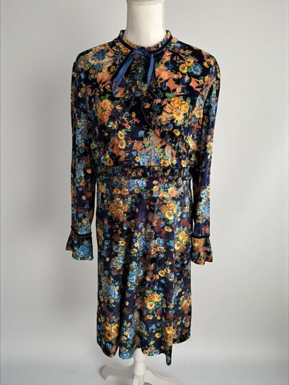 DALIA MACPHEE High Neck Velvet Floral Long Sleeve Dress Size XL